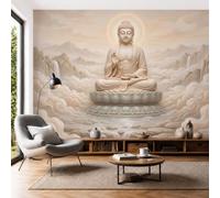 Ethereal Landscapes Zen-Like Atmosphere Wall Murals, 400x280cm Photo Mural Printed Sacred Buddha Statue Wall Covering Fabric, Large Photo Wallpaper for Meditation Room Yoga Spaces, Porcelain White