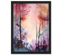 Ethereal Misty Autumn Forest Landscape at Dawn Modern Watercolour Painting Artwork Framed Wall Art Print A4 Artery8 Black One Size