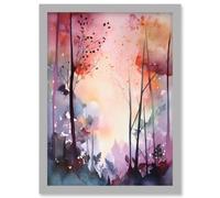 Ethereal Misty Autumn Forest Landscape at Dawn Modern Watercolour Painting Artwork Framed Wall Art Print A4 Artery8 Light Grey One Size
