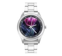 Ethereal Purple Tulips with Smoke Watch for Men Metal Band Watches Business Gift Three-Hand Wrist Watch for Boyfriend Father