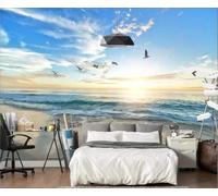 Ethereal Sunset Sea Beach Flying Birds 3D Wallpaper Easy Install Feature Office Living Room Sofa Bedroom TV Background Wall Decoration-300cm×210cm