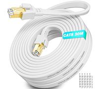 Ethernet Cable 30m, Cat 8 Flat White High Speed Long Internet Network Cable 30 Meter Outdoor Indoor 40Gbps 2000MHz RJ45 Gigabit LAN Patch Cord for Modem Switch PS5/4