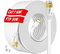 Ethernet Cable 50m CAT 7 Long, Shielded Internet Cable Outdoor Indoor High Speed Flat Network Cable, White RJ45 LAN Cable 50m FTP 10Gbps 600MHz, Gigabit Patch Broadband Cable for Router PC (50 Clips)