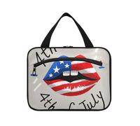 EtherSpher 4th Of July Independence Day Red and Blue Lips hanging up toiletry bag for women with hook, designer collapsible bags for men for women travel traveling kit de para mujer L, 4th Of July