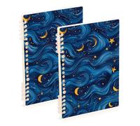 EtherSpher A5 size Blue Waves and Yellow Stars at Night ruled notebook paper 8.3" x 5.7", wire-bound college ruled spiral notebook 60 sheets for diary&to do list 2 pack