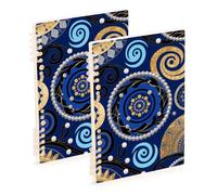 EtherSpher A5 size Bohemian Blue-gold geometries ruled notebook paper 8.3" x 5.7", hard cover school supplies for college 60 sheets for travel&writing 2 pack