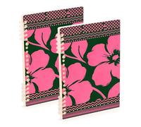 EtherSpher A5 size Green with Bright Pink Flowers Tribal Patterns subject notebook 8.3" x 5.7", wire-bound spiral notebooks wide ruled 60 sheets for working&classroom 2 pack