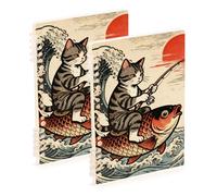 EtherSpher A5 size Japanese Ocean Sea Waves Fish Cat notebooks wide 8.3" x 5.7", wire-bound spiral notebooks wide ruled 60 sheets for diary&to do list 2 pack