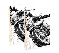 EtherSpher A5 size Motorcyclist Is Riding Classic Bike Black White wide ruled notebook 8.3" x 5.7", wire-bound subject college ruled spiral 60 sheets for working&classroom 2 pack
