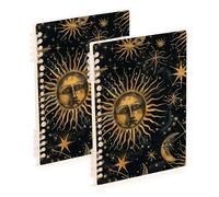 EtherSpher A5 size Mystic Golden Sun Moon college notebook 8.3" x 5.7", wear-resistant single subject spiral notebook 60 sheets for travel&writing 2 pack