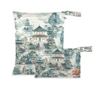 EtherSpher Aesthetic Chinese Architecture Green washable laundry bag 2 Pack wet bag for swimsuit with handles for daycare, pool