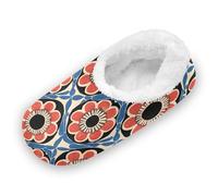 EtherSpher Ancient Floral Pattern Red Blue Anti-Skid Sole House Slippers for Women Coral Fleece House Shoes for Home Indoor