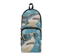 EtherSpher Animals with Glasses Sharks Chasing Nylon 3 Compartments Large Pencil Bag Large Capacity Pencil Case with Zipper Stationery pouching Bag for Men High School 1600ml