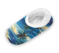 EtherSpher Beach Scenery Coconut Trees Stars Ocean Anti-Slip Rubber Sole Slippers for Womens Mens Coral Fleece Soft Warm Funny