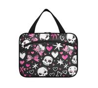 EtherSpher Black and Blush Pattern with White Skulls Black Background Cute Bow on Head Hearts Stars and Bows in Style Of Monster High hanging toiletry kit for men with hook, designer, black and blush