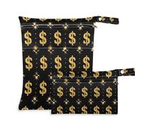 EtherSpher Black and Gold Shine Dollars mess-proof bag for wet 2 Pack wet bag for swimsuit with handles for yoga, daycare