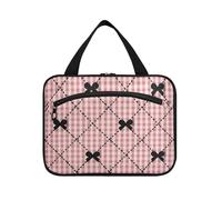 EtherSpher Black and Pink Bow Check hanging toiletry bag travel with hook, designer collapsible skin care bag for dad camping bolsos para hombre L, Black and pink bow check, L