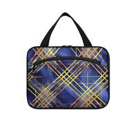 EtherSpher Blue and Gold Plaid Geometric Lines hanging mens toiletry bags for traveling with hook, designer chic makeup bags for women traveling vacation estuche de maquillaje para mujer L, Blue and