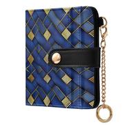 EtherSpher Blue and Gold Rule Pattern Waterproof Women's Compact Folding Wallet PU Leather Bifold Wallet for Girls Women Ladies