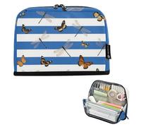 EtherSpher Blue White Striped Butterfly Dragonfly Pencil Bag Large Capacity Pen Case Organizer Big Capacity Desk Organizer for Teen Boys School Must Haves cartera para lapices escolares de nina