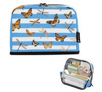 EtherSpher Blue White Striped Butterfly Dragonfly Pencil Case Large Capacity Makeup Pouches Slim Organizer Box for Men Travel cartera para lapices escolares de nina