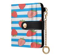 EtherSpher Blue White Striped Fruit Strawberry Cute Ladies PU Leather Bifold Wallet Premium PU Leather Wallet for Women