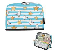 EtherSpher Blue White Striped Starfish Seagull Pencil Organizer Case Large Capacity Make Up Bags Cute Stationery Bag for College Student Travel materiales escolares para nina