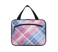 EtherSpher Blush and Blue Tartan hanging size toiletries for men with hook, designer chic makeup bag organizer for adults trip bolso para maquillaje de mujer L, blush and blue tartan, L