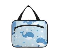 EtherSpher Cartoon Blue Whales and Bubbles hanging travel bag toiletry kit with hook, designer unisex cosmetic bags for ladies cruises porta cosmeticos mujer para cartera L, Cartoon blue whales and