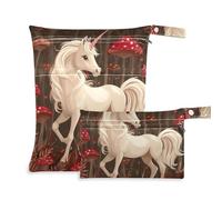 EtherSpher Cartoon Cute White unicorns Mushroom mess-proof laundry bag 2 Pack wet bag for swimsuit with handles for bathing, daycare