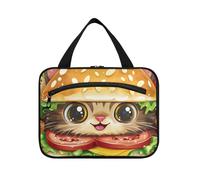 EtherSpher Cartoon Hamburger Kitten hanging travel toiletry kit with hook, designer essential bags with zipper for travel essentials for women bathroom bolsa de maquillaje para mujer L, cartoon