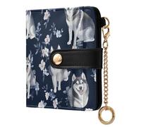 EtherSpher Cartoon Siberian Husky Dogs Navy Blue Cute Ladies PU Leather Bifold Wallet PU Leather Card Wallet for Girls Women Ladies