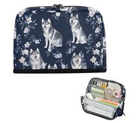 EtherSpher Cartoon Siberian Husky Dogs Navy Blue Pencil Box Large Capacity Pen Pencil Case Sturdy Case Pencil Holder for Teacher Middle School estuches para el colegio