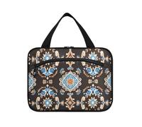 EtherSpher Charming Blue Brown Bohemian Floral hanging men's toiletry travel bag with hook, designer foldable makeup case for women work bolso de mano para hombre L, charming blue brown bohemian