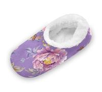 EtherSpher Chic Peonies Purple Anti-Skid Sole Women's Closed Back House Slippers Coral Fleece Lightweight House Slipper Socks