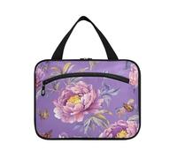 EtherSpher Chic Peonies Purple hanging toiletry travel bag for women with hook, designer expandable bag for makeup for accessories must haves bathroom bolsas para maquillaje L, chic peonies Purple, L
