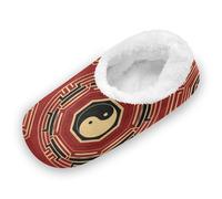 EtherSpher Chinese Culture Bagua Pattern Red Anti-Slip Rubber Sole Slipper for Women and Men Coral Fleece House Shoes for Home