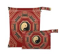 EtherSpher Chinese Culture Bagua Pattern Red waterproof bags for beach 2 Pack wet bag for swimsuit with handles for travel, daycare