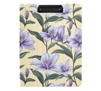 EtherSpher Clipboard Foldable Light Purple Lily Flower Light Yellow Stripes A4 Clipboard Folio Two Metal Clips Pen Holder Office Clip Board with Cover