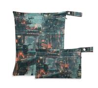 EtherSpher Colorful Future City 3d mess-proof bags for cloth 2 Pack wet bag for swimsuit with handles for baby diapers, bathing