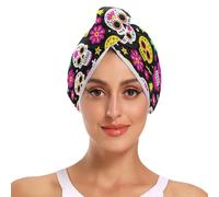 EtherSpher Colorful Sugar Skulls Day Of The Dead hair drying towel wrap with Button Soft Lightweight Quick Dry shower for women pa?os para la cabeza 2 Pack