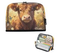 EtherSpher Cute Cartoon Scotland Cow Brown Pencil Box Case Large Capacity Makeup Pouches Standing Stationery Bag for Teen Boys Travel cartucheras para mujer