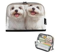 EtherSpher Cute White Maltese Dogs Happy Pencil Case Organizer Large Capacity Upright Storage Bag Big Capacity Multi-Purpose Bag for Girls Grade School Supplies estuche para lapices