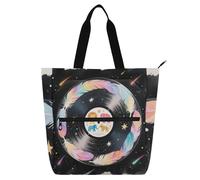 EtherSpher Decorative Book Tote Bag for Kids Boys Girls, Vintage Record Black Large School Shoulder Bags with Zipper Pockets for School Shopping Travel Rainbow bolsa de tela para