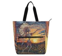 EtherSpher Decorative Book Tote Bag for Kids Women Men, Tribal Dancing Human Skeleton Oilpainting Large Children Activity Bag Art Tote Bag with Zipper for College Shopping Beach Rainbow bolsos para