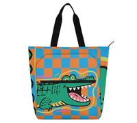 EtherSpher Decorative Books Tote Bags for Boys Girls Women, Cute Green Crocodile Checkerboard Waterproof Reusable Book Bag Grocery Bag with Zipper for School Work Travel Rainbow bolsa para llevar