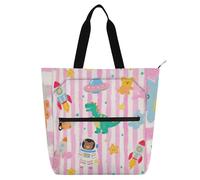 EtherSpher Decorative Kids Cute Tote Bags for Kids Adults, Cartoon Cute Dinosaur ROCKETS Water-resistant Library Shoulder Bag Handbag with Zipper for College Shopping Beach Rainbow bolsa para llevar