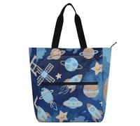 EtherSpher Decorative Kids Tote Bag Piano Book Bag for Kids Women Men, Lovely Blue ROCKETS Planet Waterproof Reusable Grocery Beach Bag with Zipper for School Shopping Travel Rainbow mochilas para