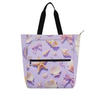 EtherSpher Decorative Kids Tote Bags for Kids Women Men, Purple Starfish Shells Large Handbags Grocery Beach Bag with Zipper Pockets for School Shopping Travel Rainbow de tela para