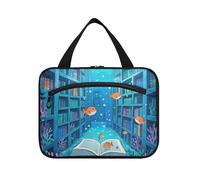 EtherSpher Funny Ocean Library Book Fish Blue hanging travel toiletry bag hanging with hook, designer fashion bag for makeup for accessories for women gym porta cosmeticos mujer para cartera L, funny